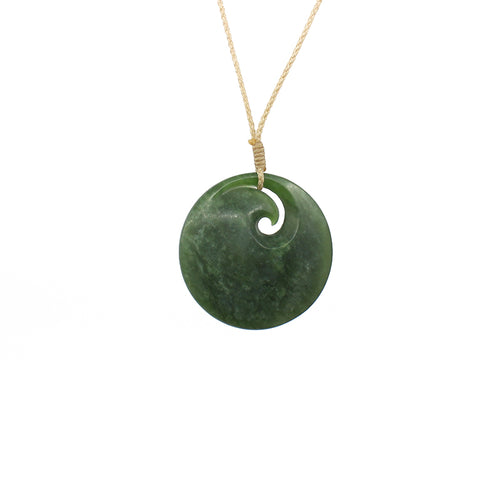 Disc with Koru New Zealand Pounamu (Greenstone) pendant / Necklace with adjustable waxed cord carved by Ric Moor