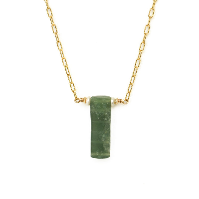 Ikaroa Neckalce - 14k Rolled Gold with Greenstone  & Pearl by Charlotte Penman