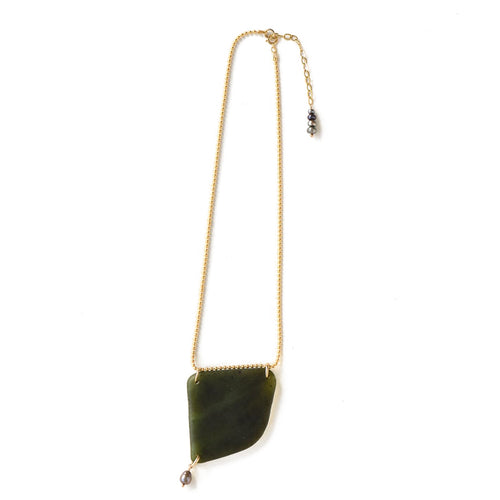 01 Waipuna-ā-rangi Necklace - 14k Rolled Gold with Pounamu & Black Pearl by Charlotte Penman